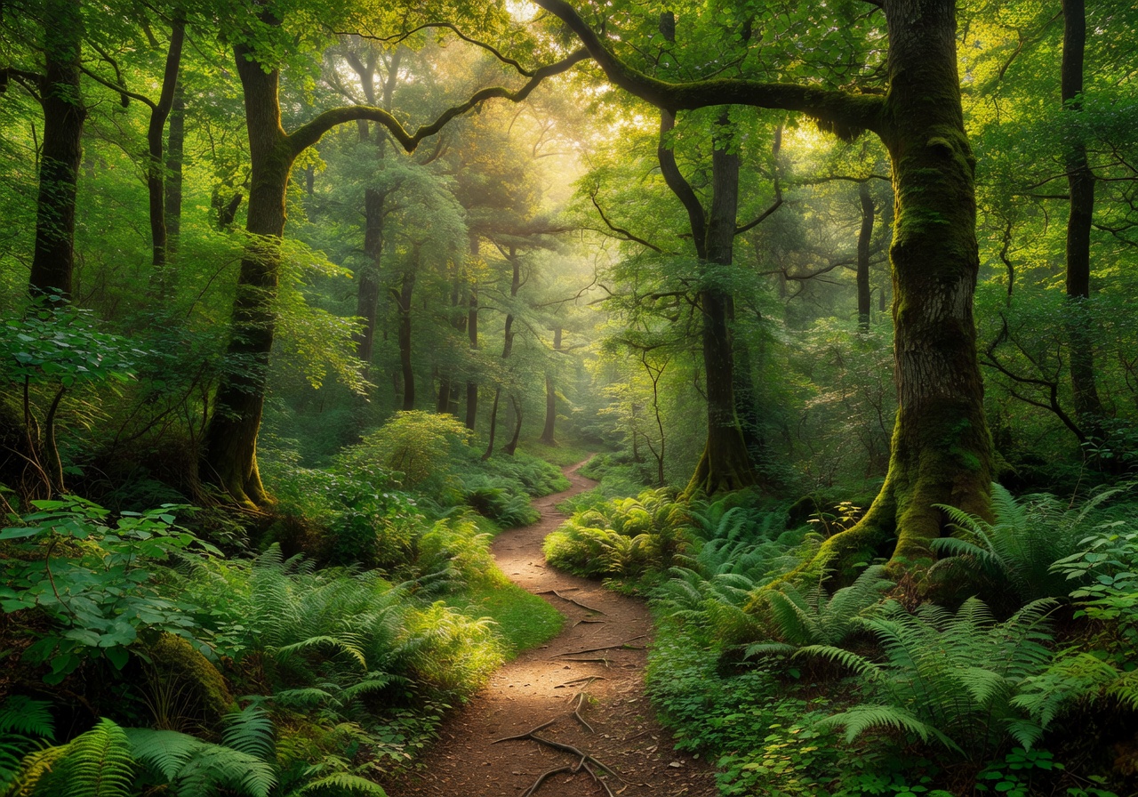Beautiful hiking path crossing a green dense forest in summertime