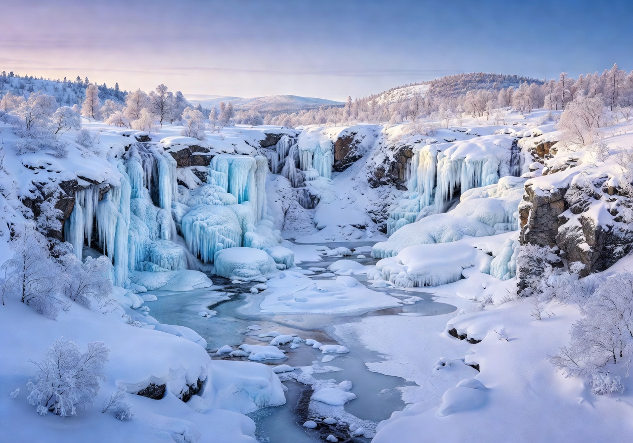 Beautiful landscape of Northern Finland, showing frozen waterfalls and streams
