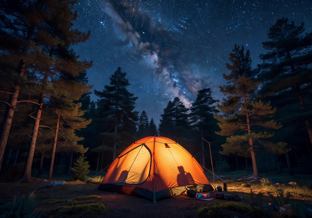 Beautiful orange tent lit from inside during a starry forest camp night