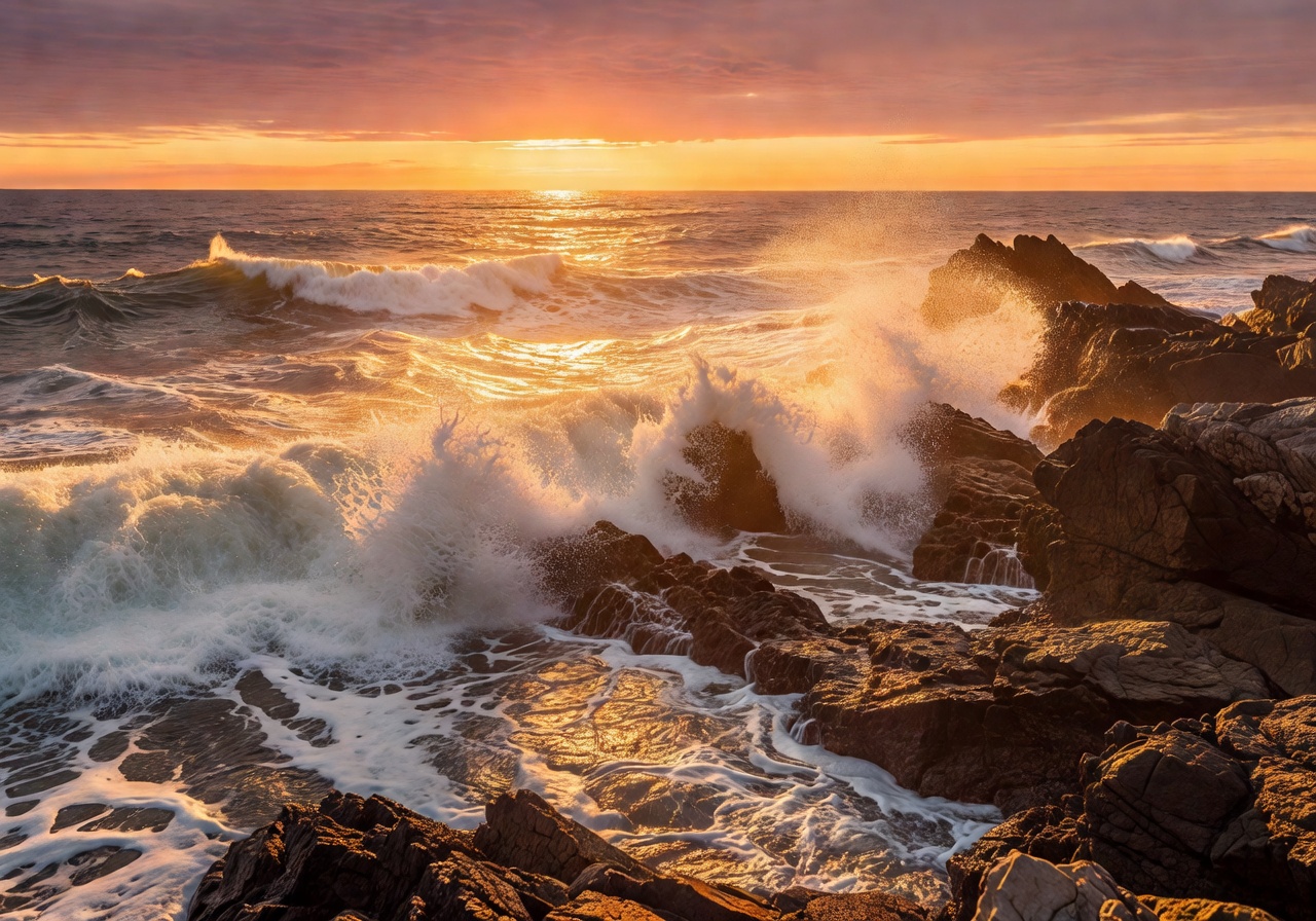 Beautiful sea waves hitting rocky shore during golden sunset hours
