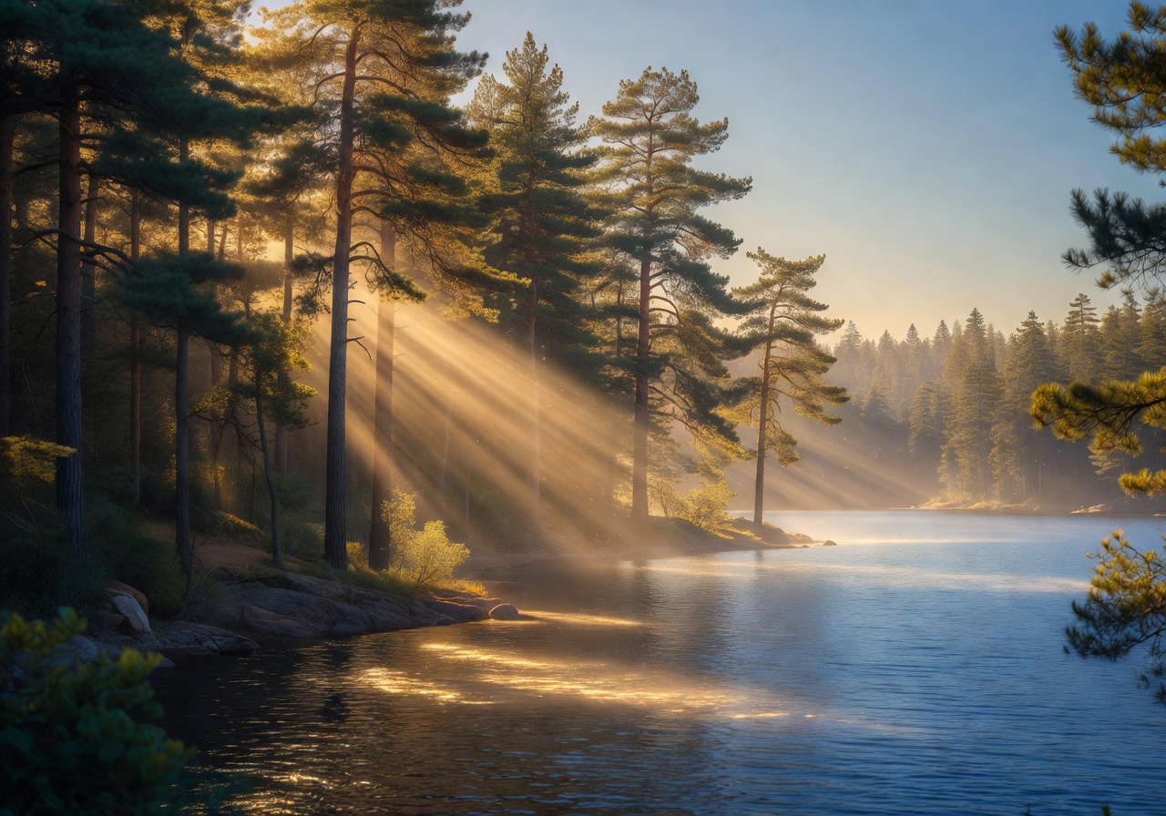 Beautiful sunbeams piercing through pine forests over warm blue summer lake