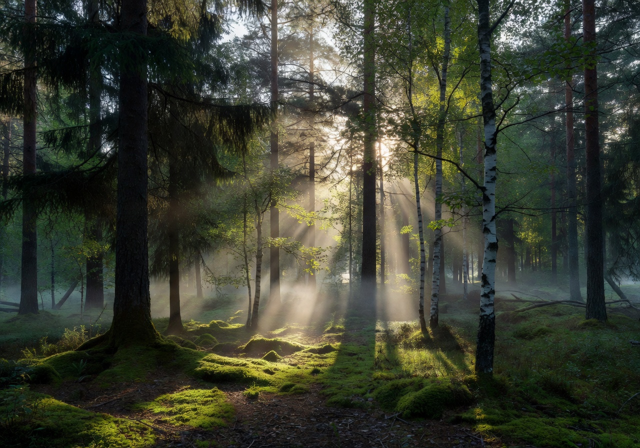 Beautiful sunbeams rising behind thick forest canopy in Finland
