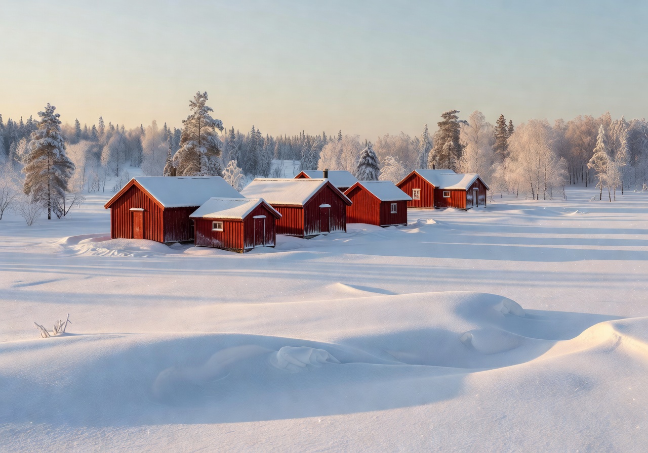 Beautiful wooden red huts in Lapland, Finland, with snowy scenery