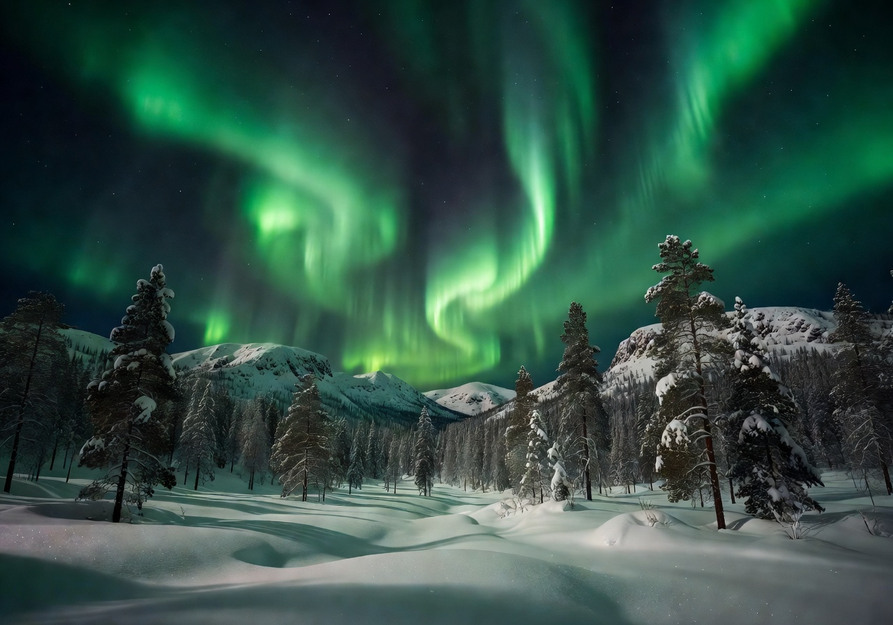 Bright green Northern Lights shining directly over snowy pine mountains in Finland