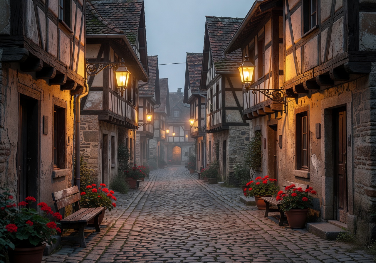Charming old town historic street scene with cobblestones and warm lanterns