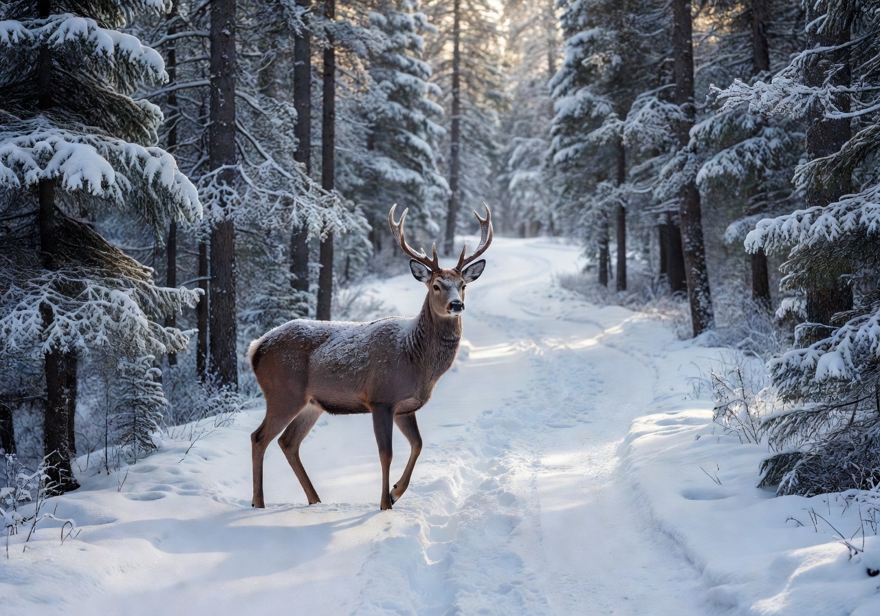 Charming wild deer walking through snow covered alpine forest paths