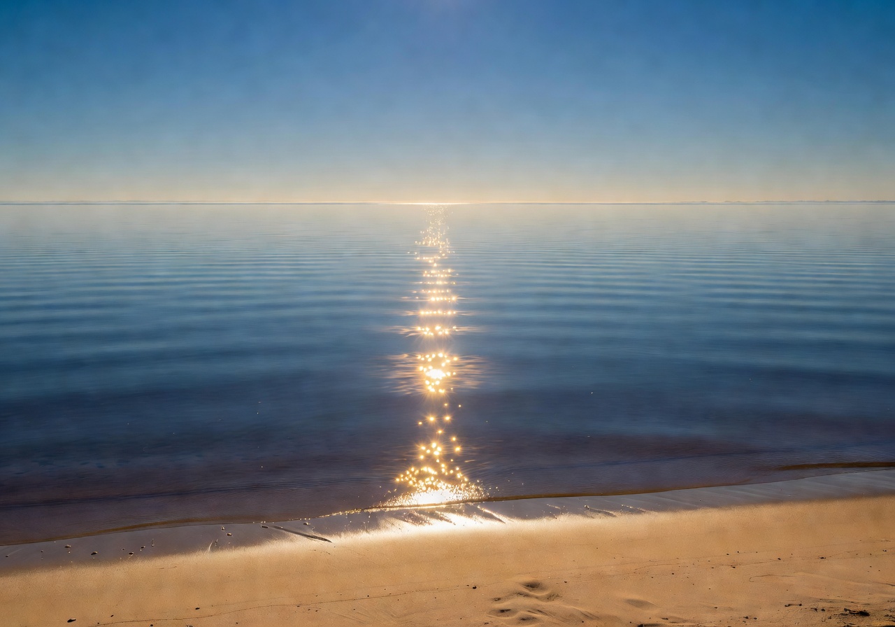 Clear warm sunlight reflection on smooth blue summer lakeshore