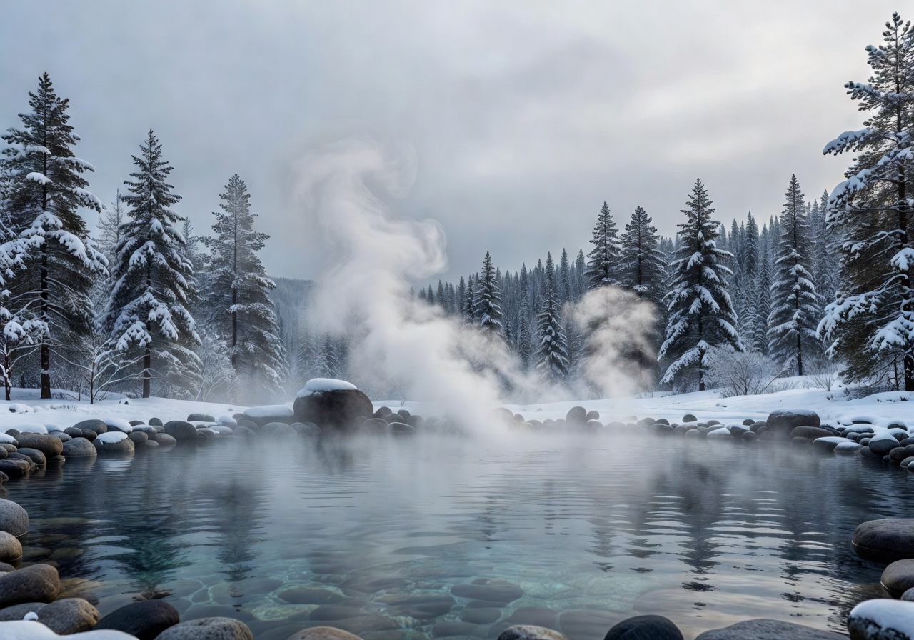 Cozy steam coming off beautiful outdoor pool under cold sky