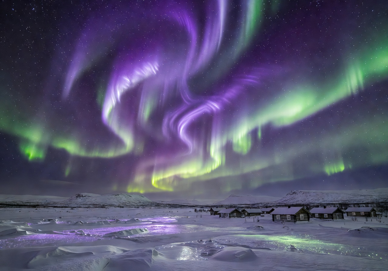 Dazzling violet and green light dance across the arctic sky in Finland