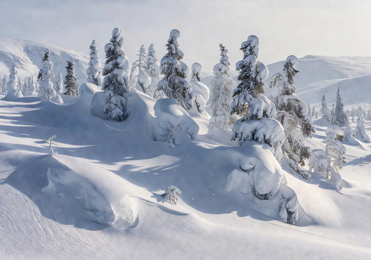 Dense arctic mountain pine trees fully covered under high snow dunes