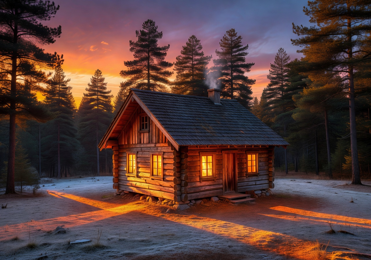 Glowing warm light shining from traditional wooden pine cabin at sunset