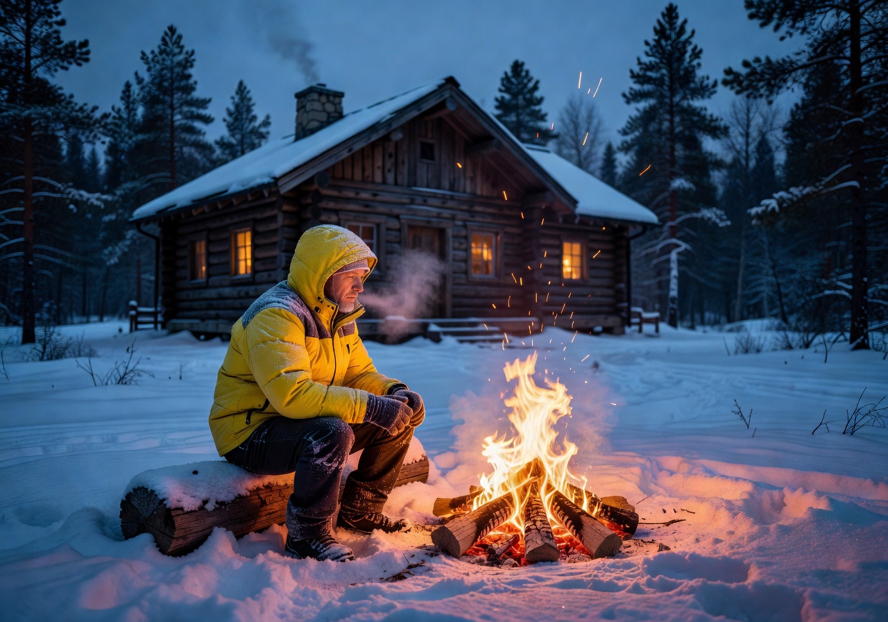 Beautiful wooden log cabin in deep Finnish forest in winter season