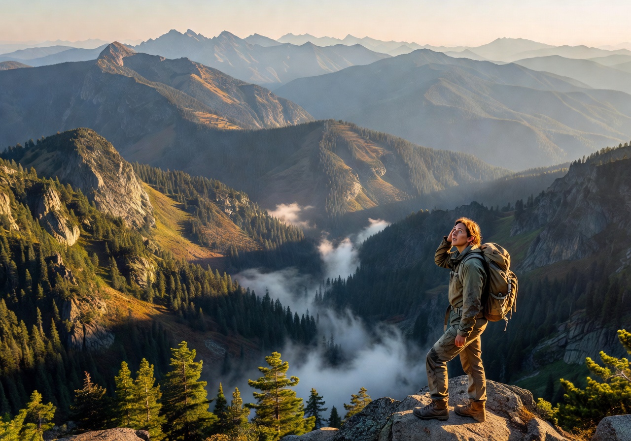 Hiker overlooking high majestic mountain layers and valleys