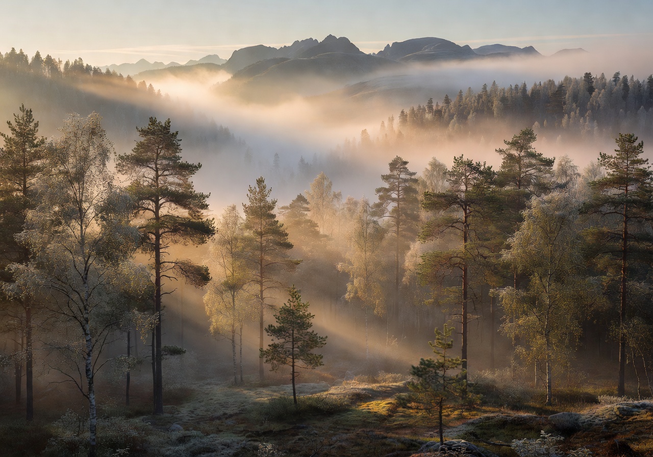 Misty mountains in Kuusamo forest under warm morning sun rays
