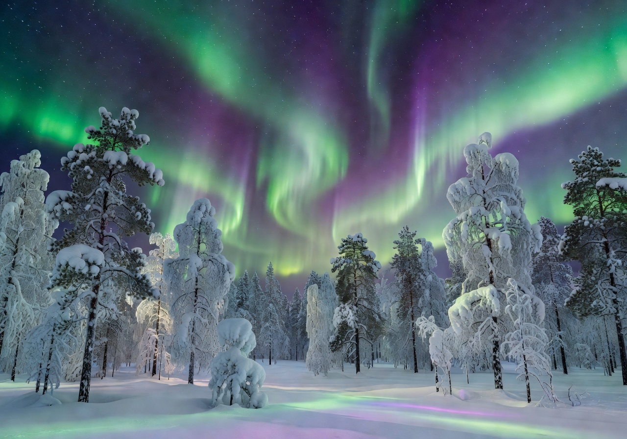 Northern Lights shining over Finnish frozen pine forests near Lapland
