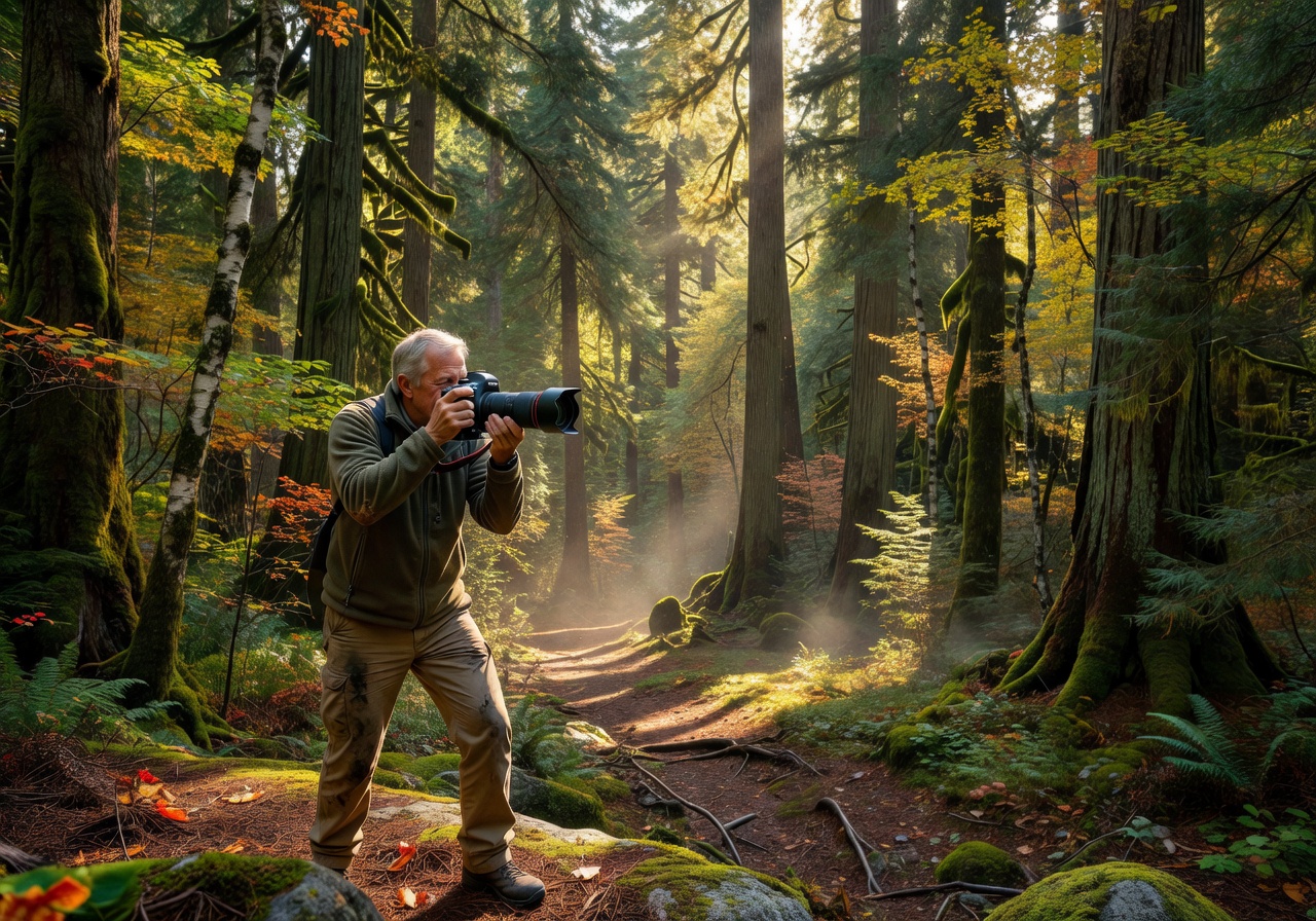 Person holding professional DSLR camera aiming at forest landscape