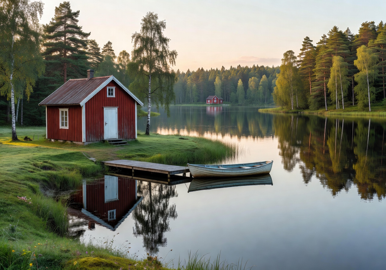 Serene Swedish or Finnish lakeside with red wooden cottage and small boat