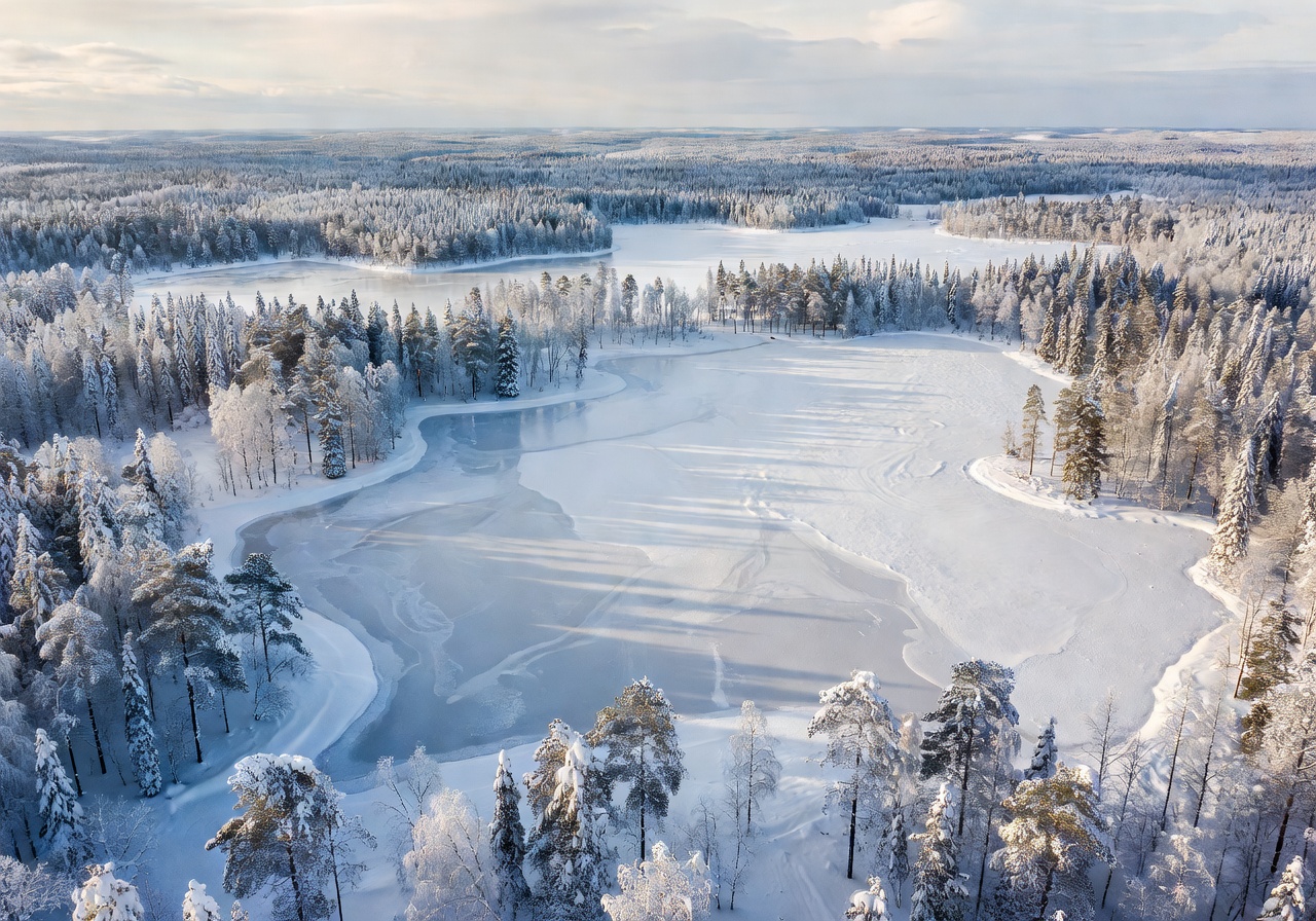 Spectacular high-angle scenic view of frozen lakes and snow-bound forests in Finland