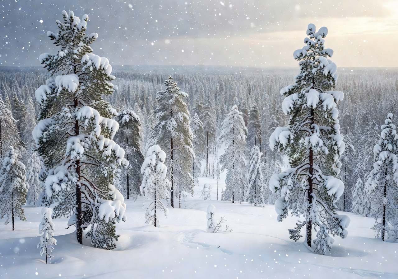 Spectacular view of heavy snow loaded pine trees in Lapland