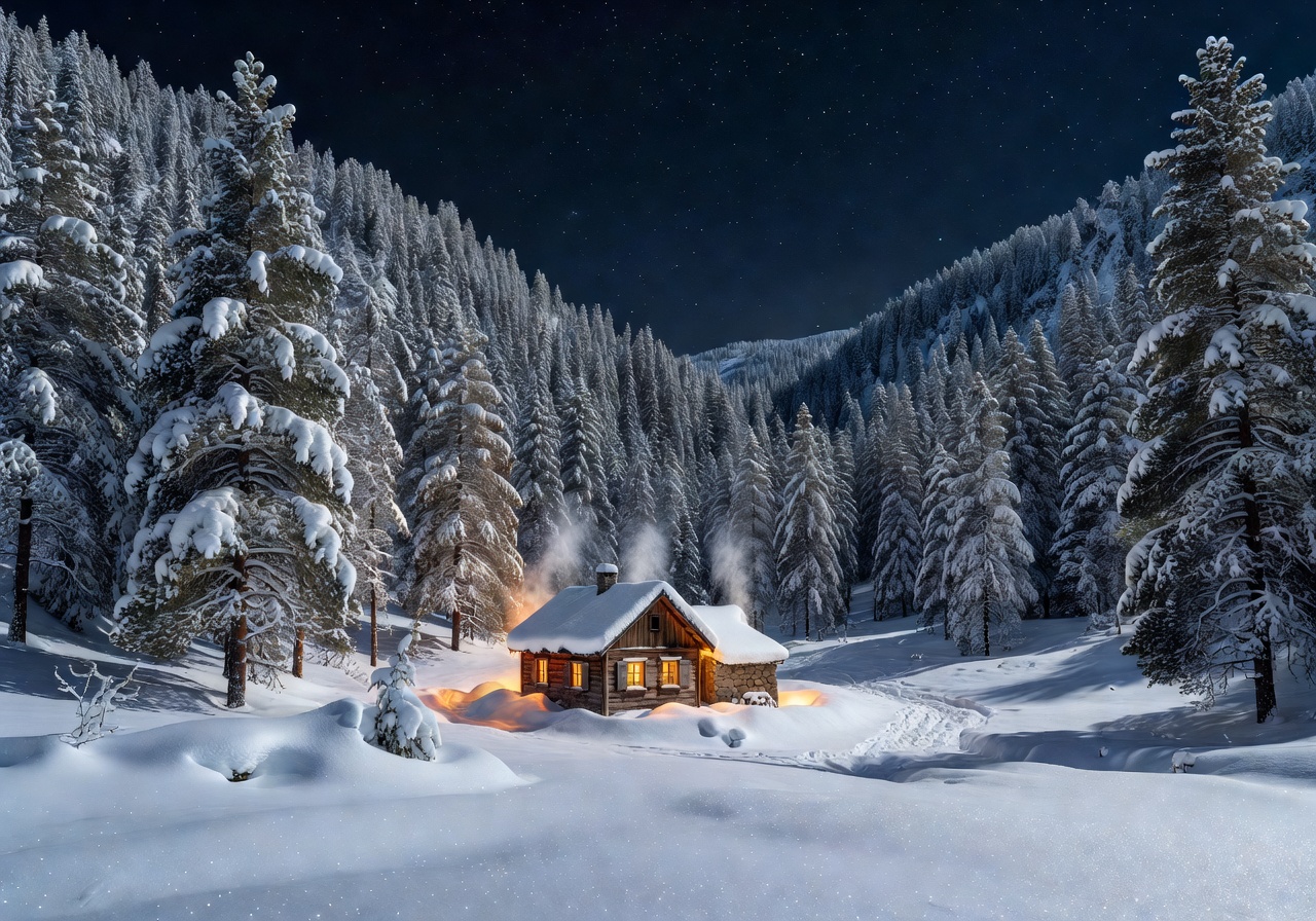 Spectacular view of isolated warm glowing cottage lights in snow-bound mountain pine forests