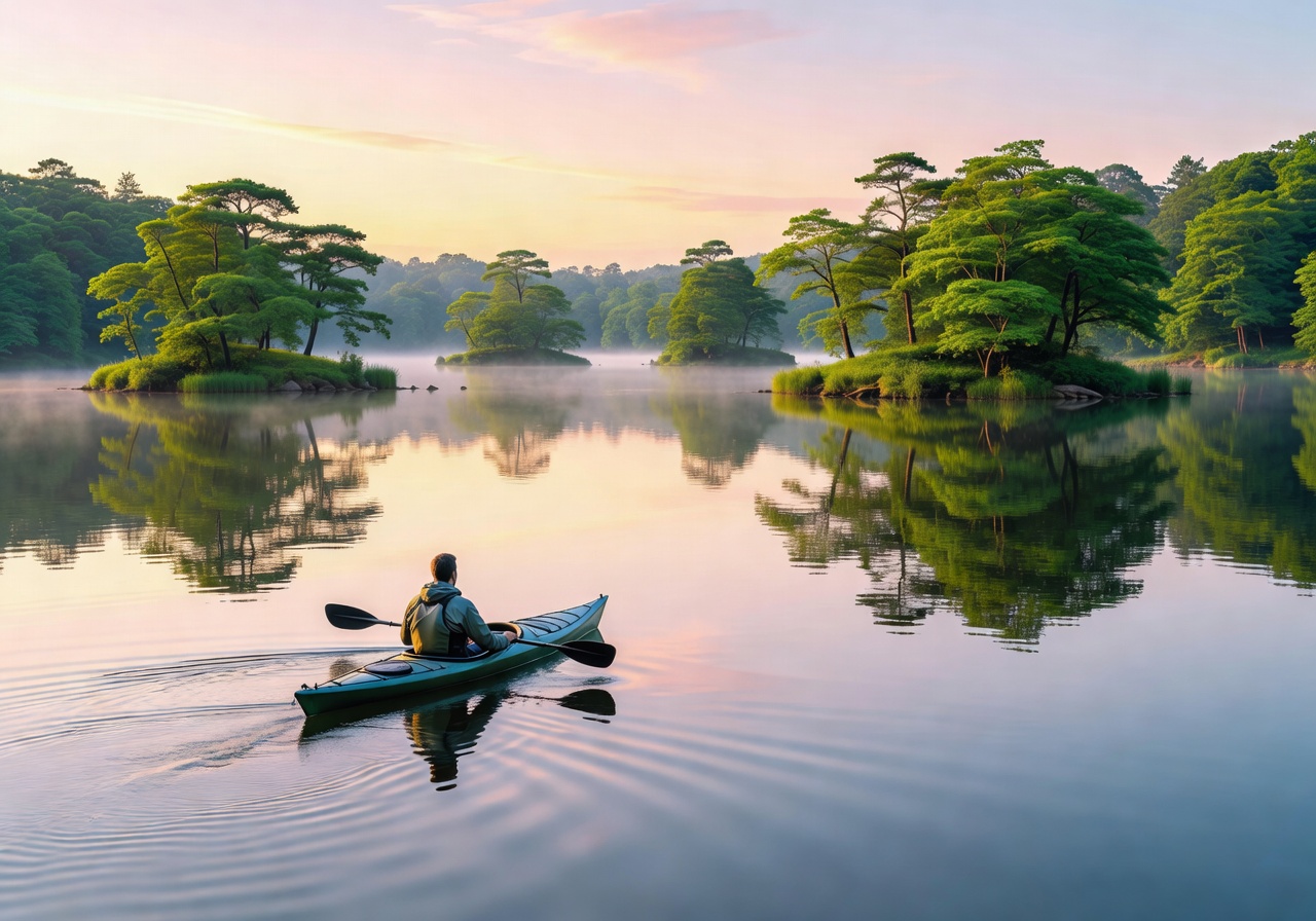 Tranquil morning kayaking on calm lake with green islands