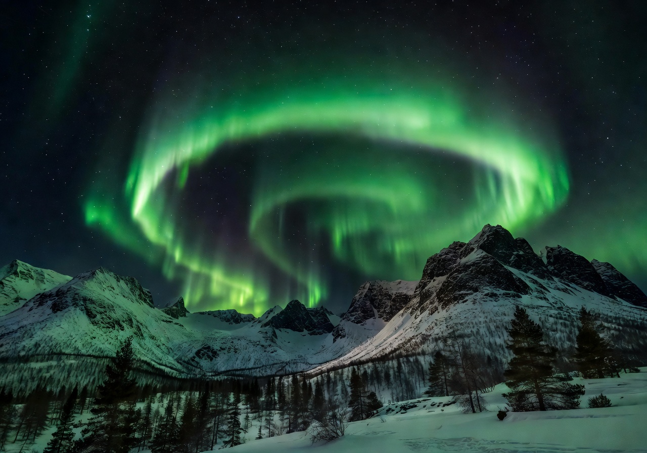 Vibrant green Aurora Borealis arching above dark Finnish mountain range
